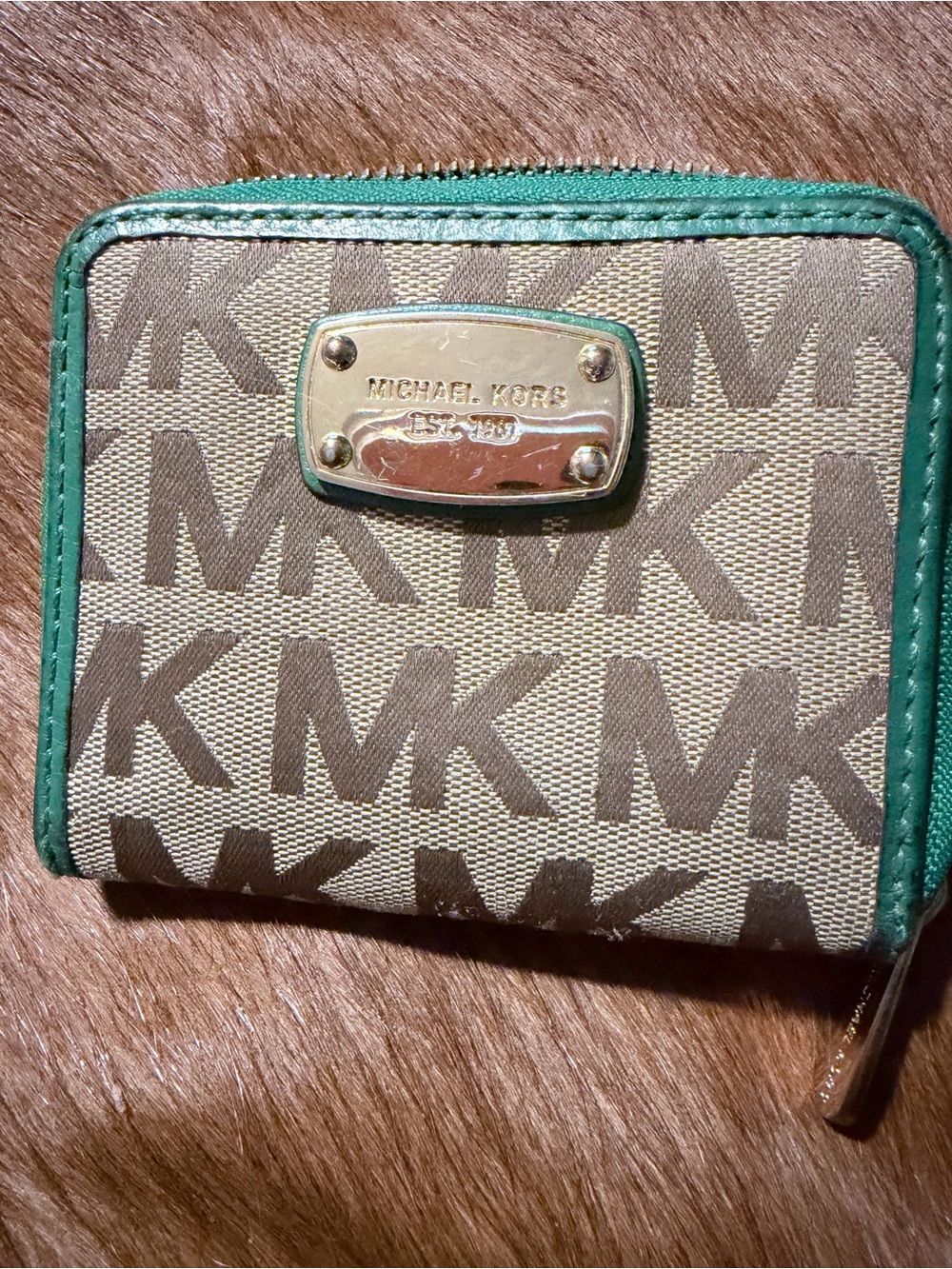 Michael Kors Beige MK Logo Canvas Wallet with Green Trim